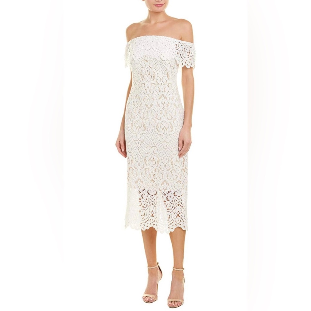 Shoshanna Off-Shoulder Lace Midi Dress in White